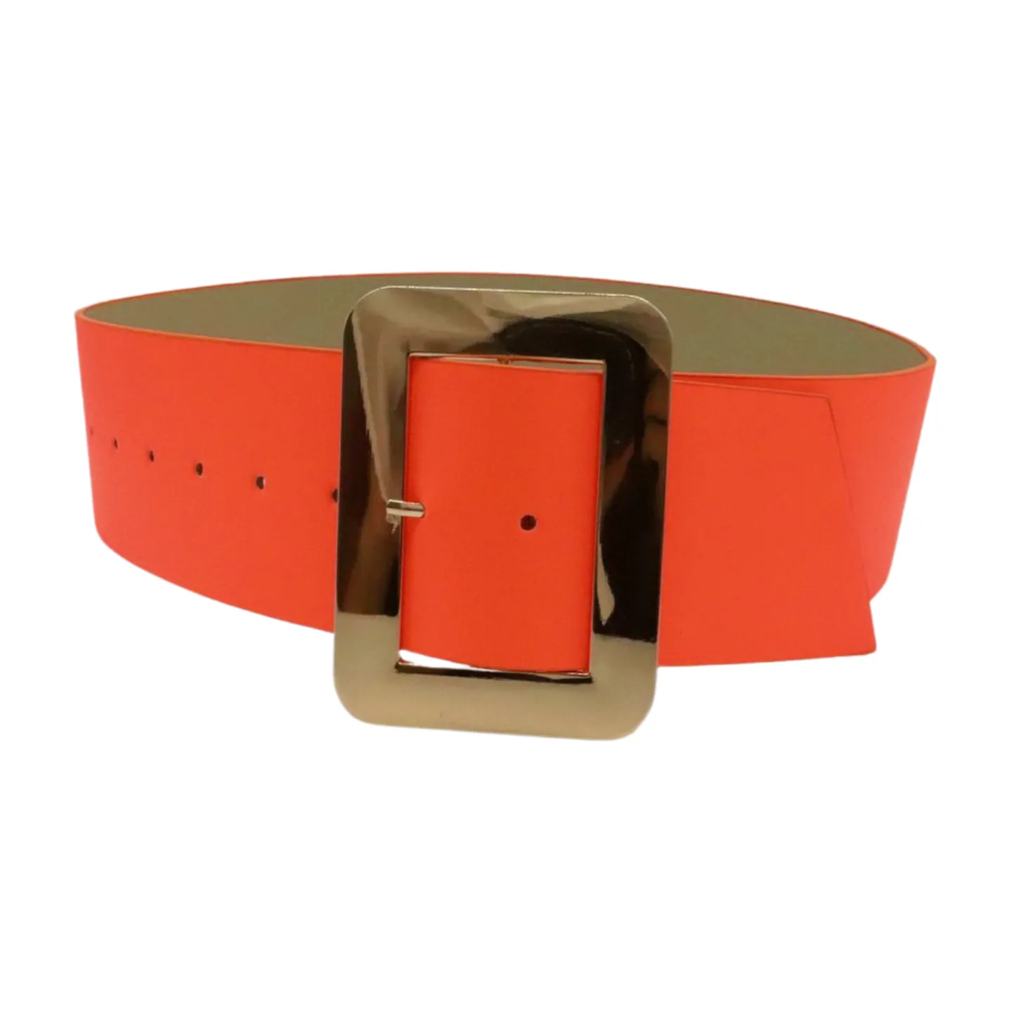 Women Wide Belt Neon Orange Faux Leather Gold Square Buckle S M
