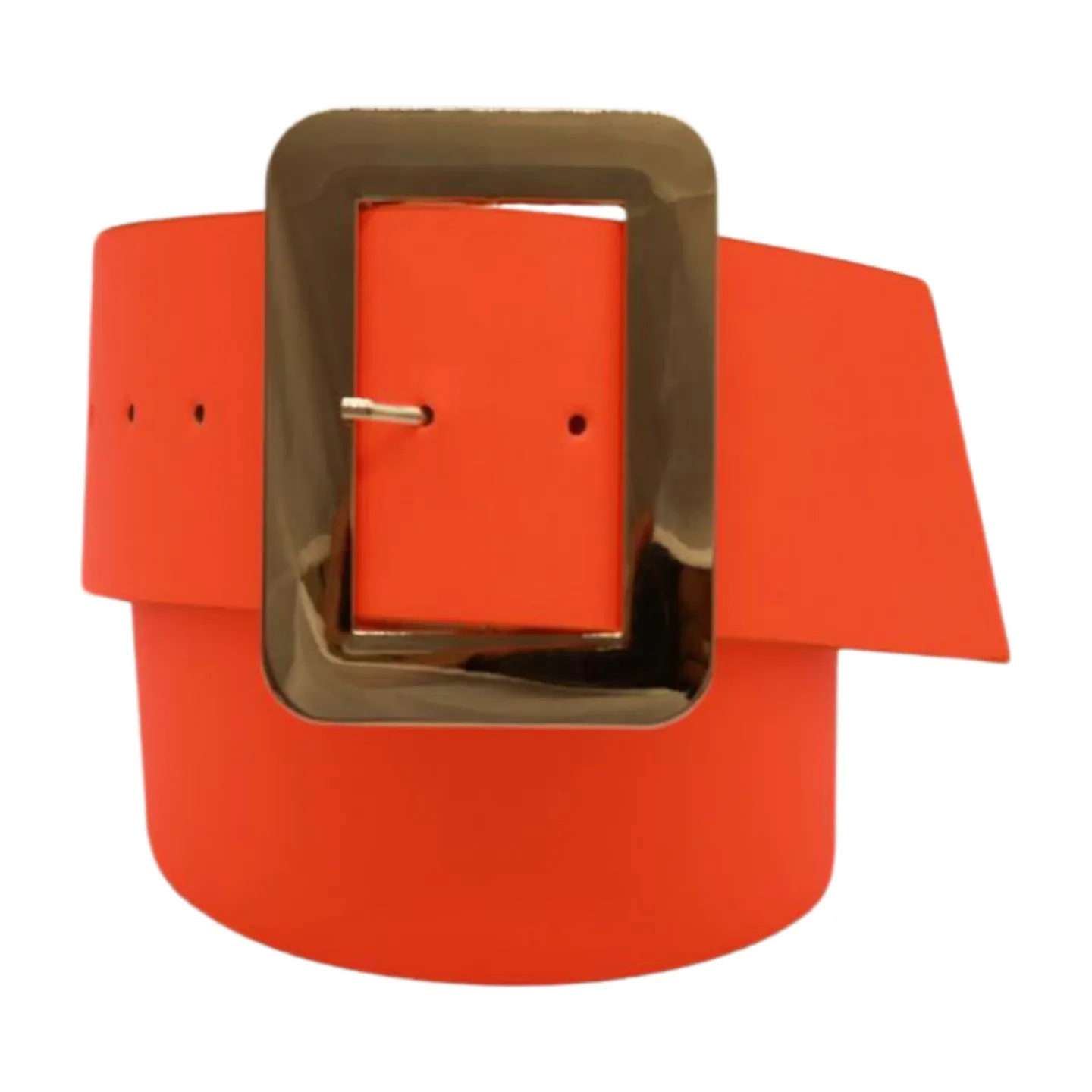 Women Wide Belt Neon Orange Faux Leather Gold Square Buckle S M