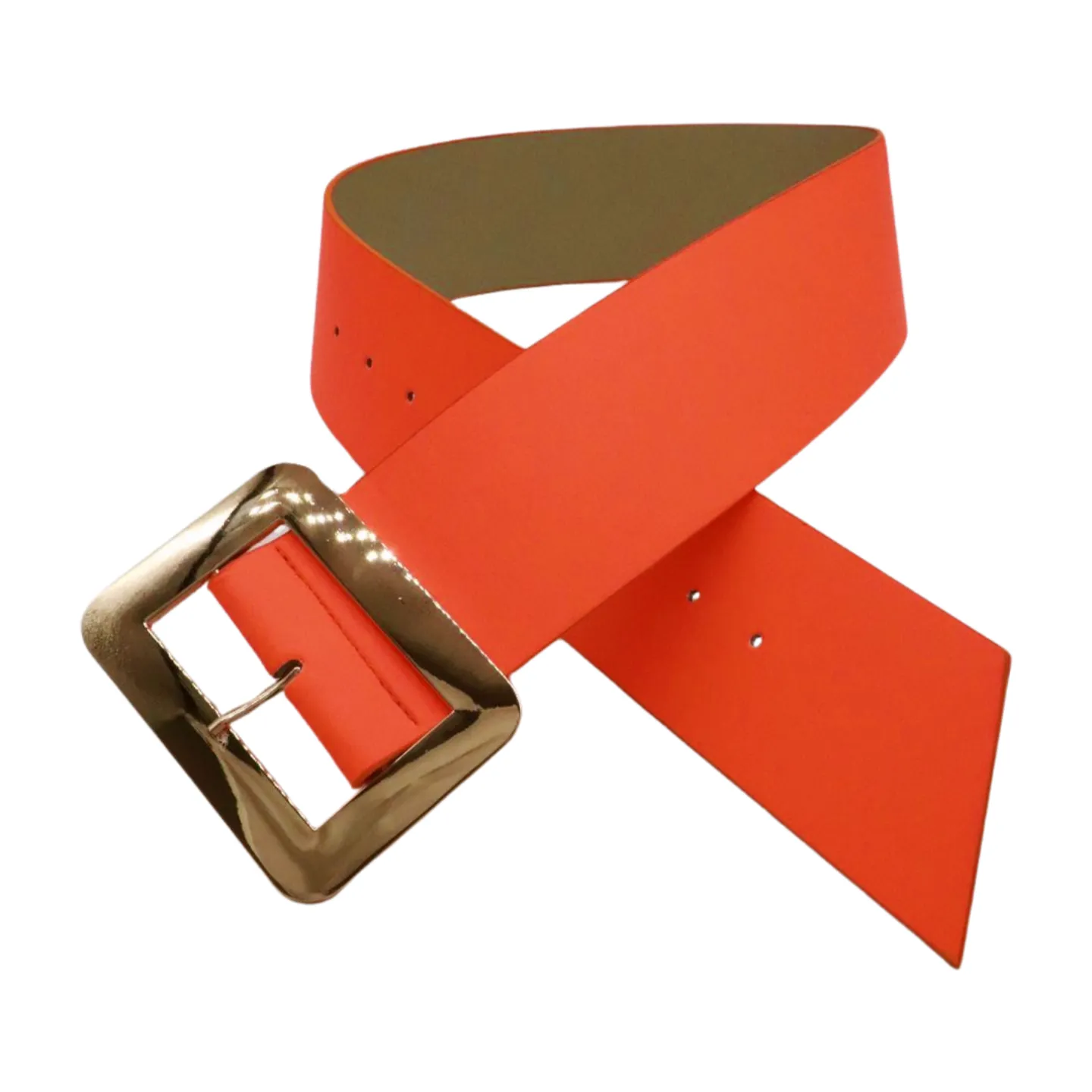 Women Wide Belt Neon Orange Faux Leather Gold Square Buckle S M
