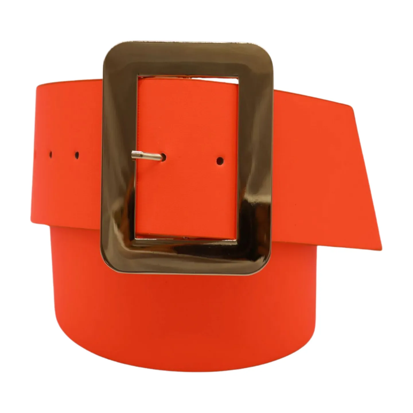 Women Wide Belt Neon Orange Faux Leather Gold Square Buckle S M