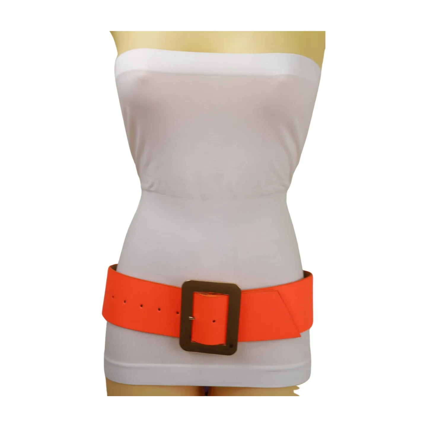Women Wide Belt Neon Orange Faux Leather Gold Square Buckle S M