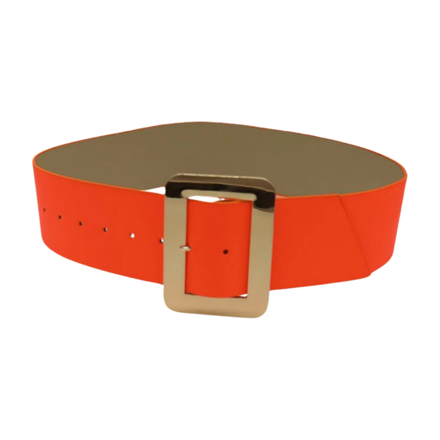 Women Wide Belt Neon Orange Faux Leather Gold Square Buckle S M