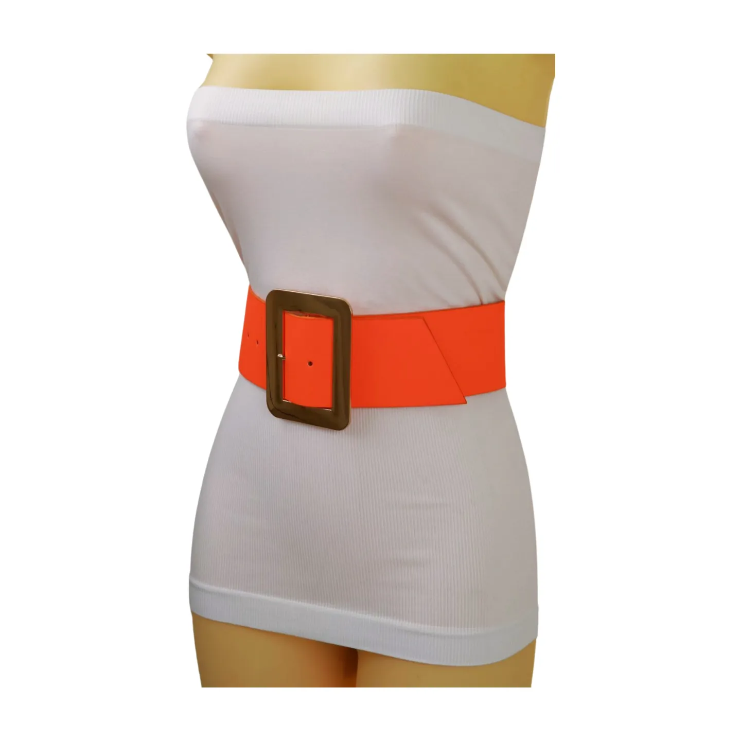 Women Wide Belt Neon Orange Faux Leather Gold Square Buckle S M
