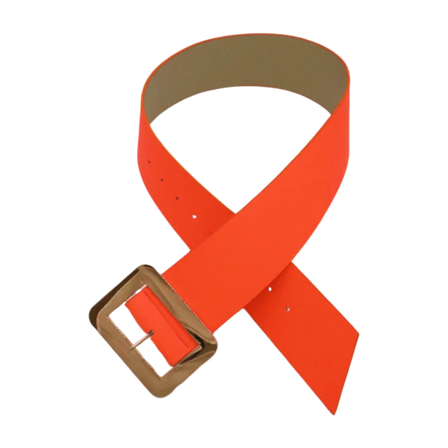 Women Wide Belt Neon Orange Faux Leather Gold Square Buckle S M
