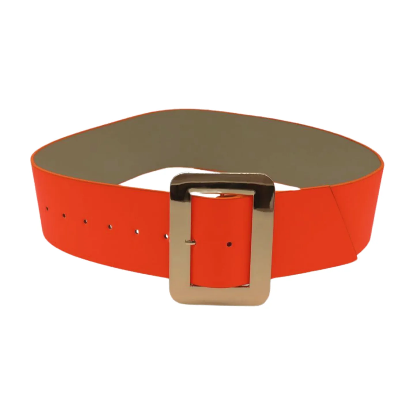 Women Wide Belt Neon Orange Faux Leather Gold Square Buckle S M
