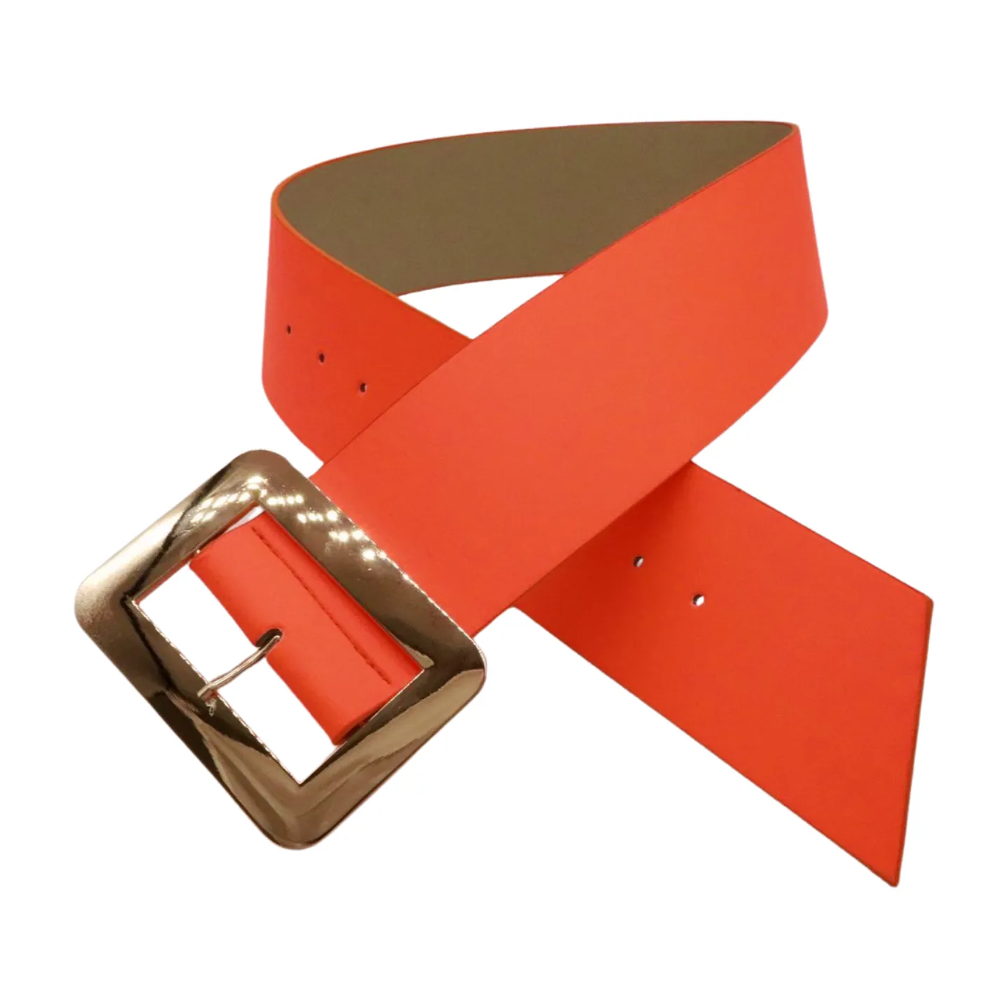 Women Wide Belt Neon Orange Faux Leather Gold Square Buckle S M