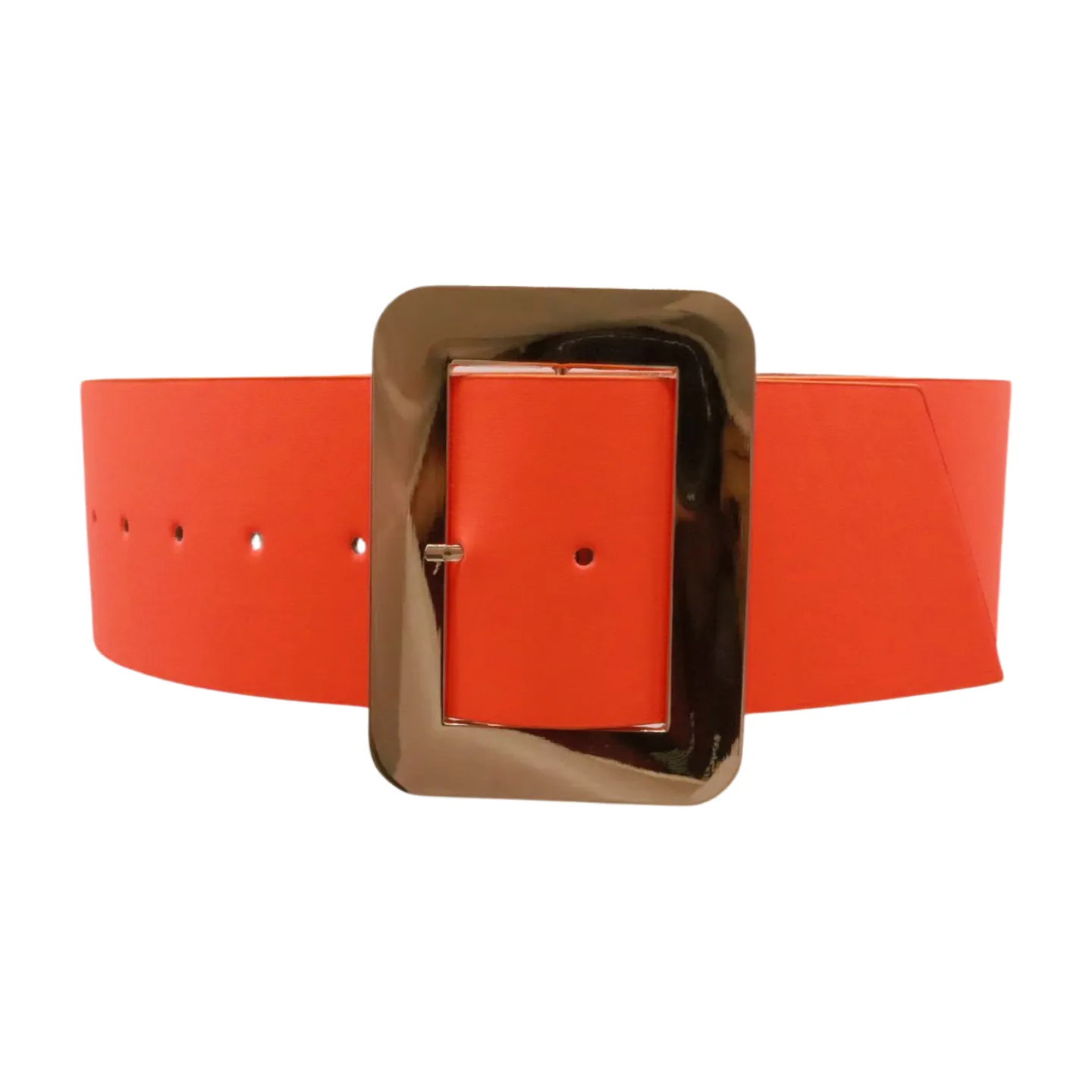 Women Wide Belt Neon Orange Faux Leather Gold Square Buckle S M