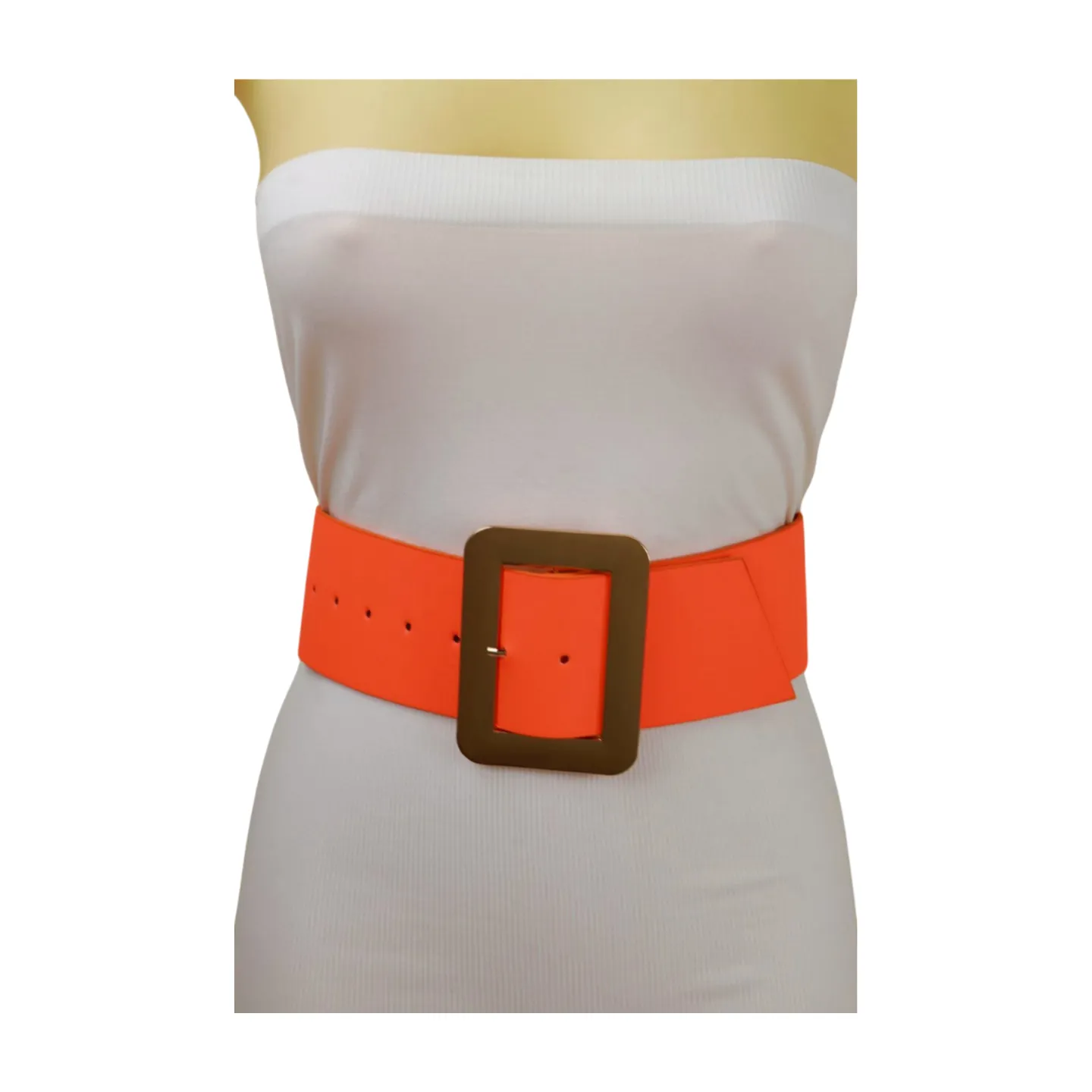 Women Wide Belt Neon Orange Faux Leather Gold Square Buckle S M