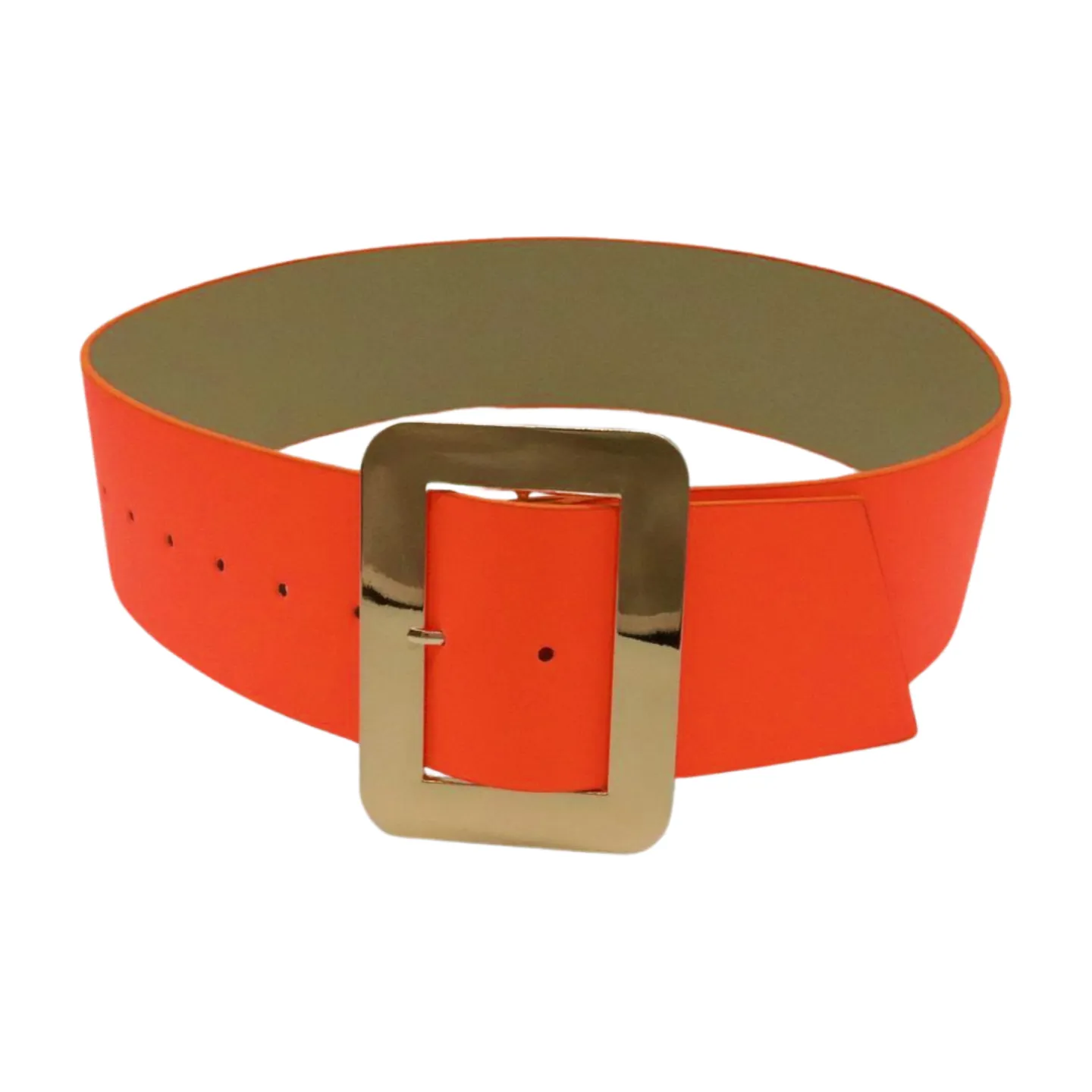 Women Wide Belt Neon Orange Faux Leather Gold Square Buckle S M
