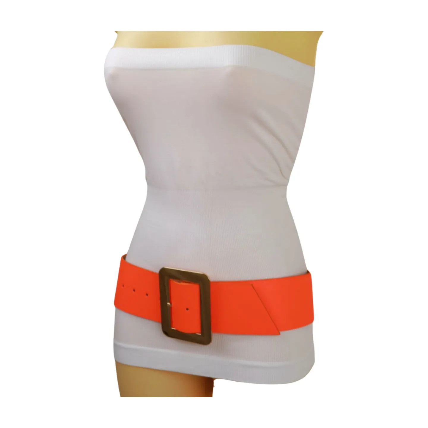Women Wide Belt Neon Orange Faux Leather Gold Square Buckle S M