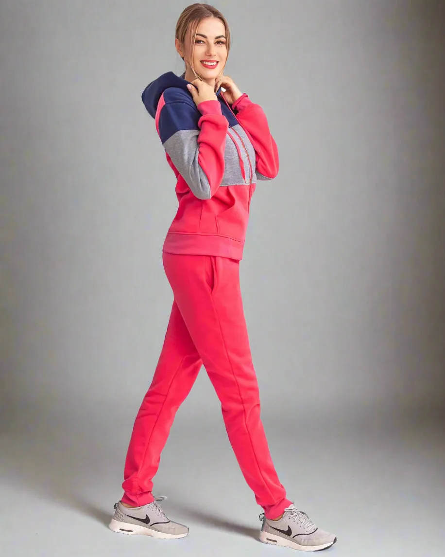 Women's ColorBlock Fleece SweatJacket and Jogger Sweatpants 2-Piece Fleece Suit
