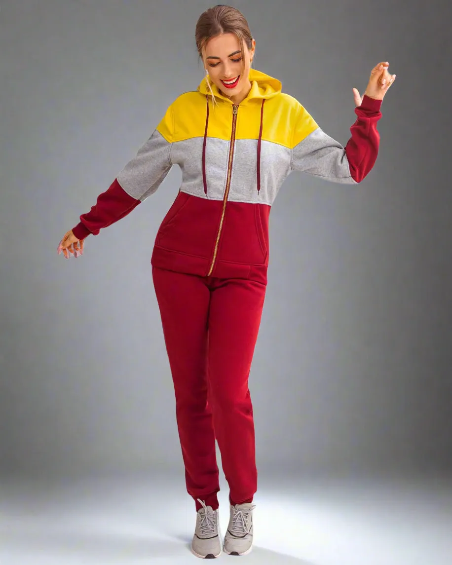 Women's ColorBlock Fleece SweatJacket and Jogger Sweatpants 2-Piece Fleece Suit