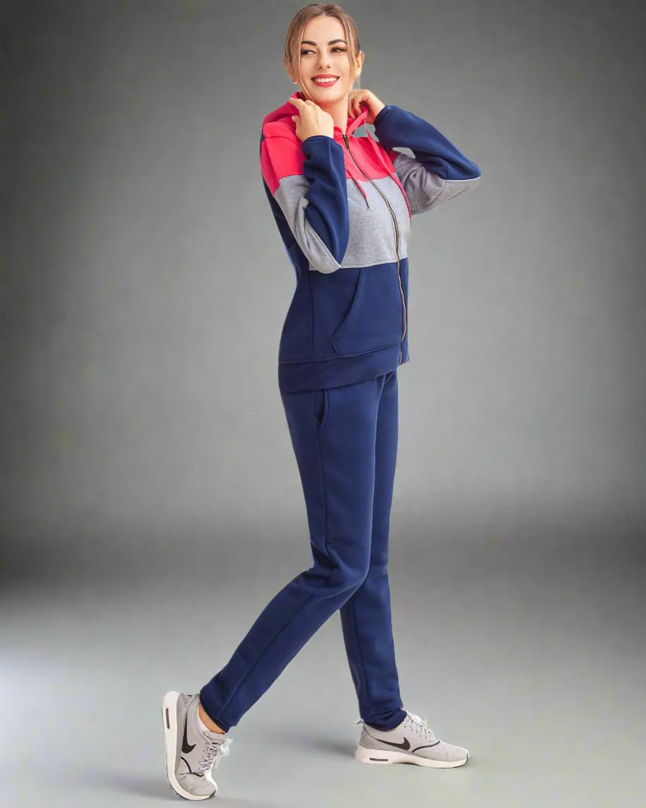 Women's ColorBlock Fleece SweatJacket and Jogger Sweatpants 2-Piece Fleece Suit