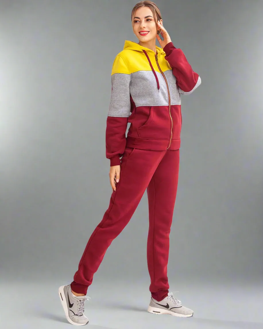 Women's ColorBlock Fleece SweatJacket and Jogger Sweatpants 2-Piece Fleece Suit