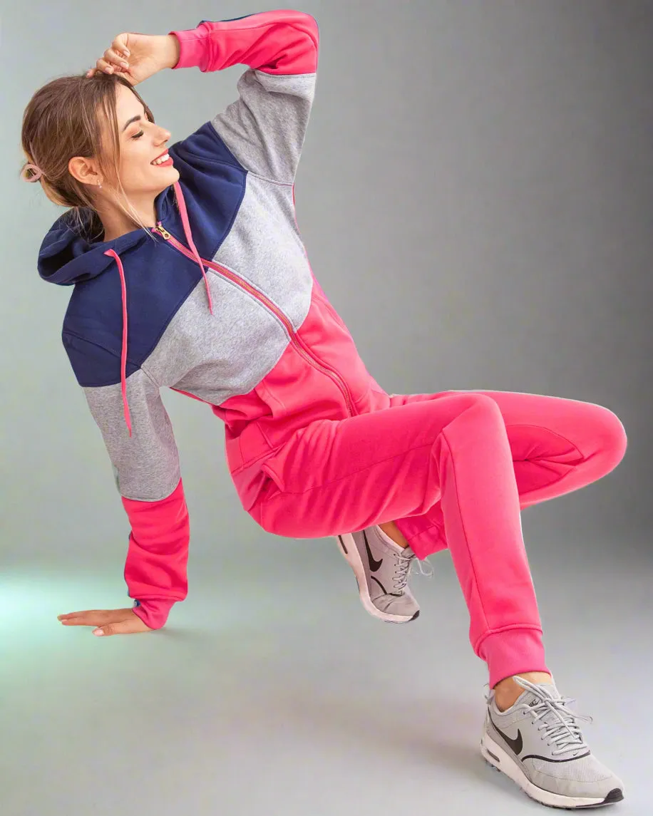 Women's ColorBlock Fleece SweatJacket and Jogger Sweatpants 2-Piece Fleece Suit