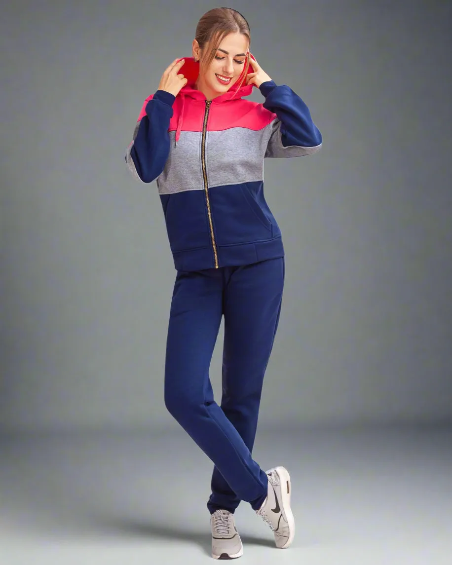Women's ColorBlock Fleece SweatJacket and Jogger Sweatpants 2-Piece Fleece Suit