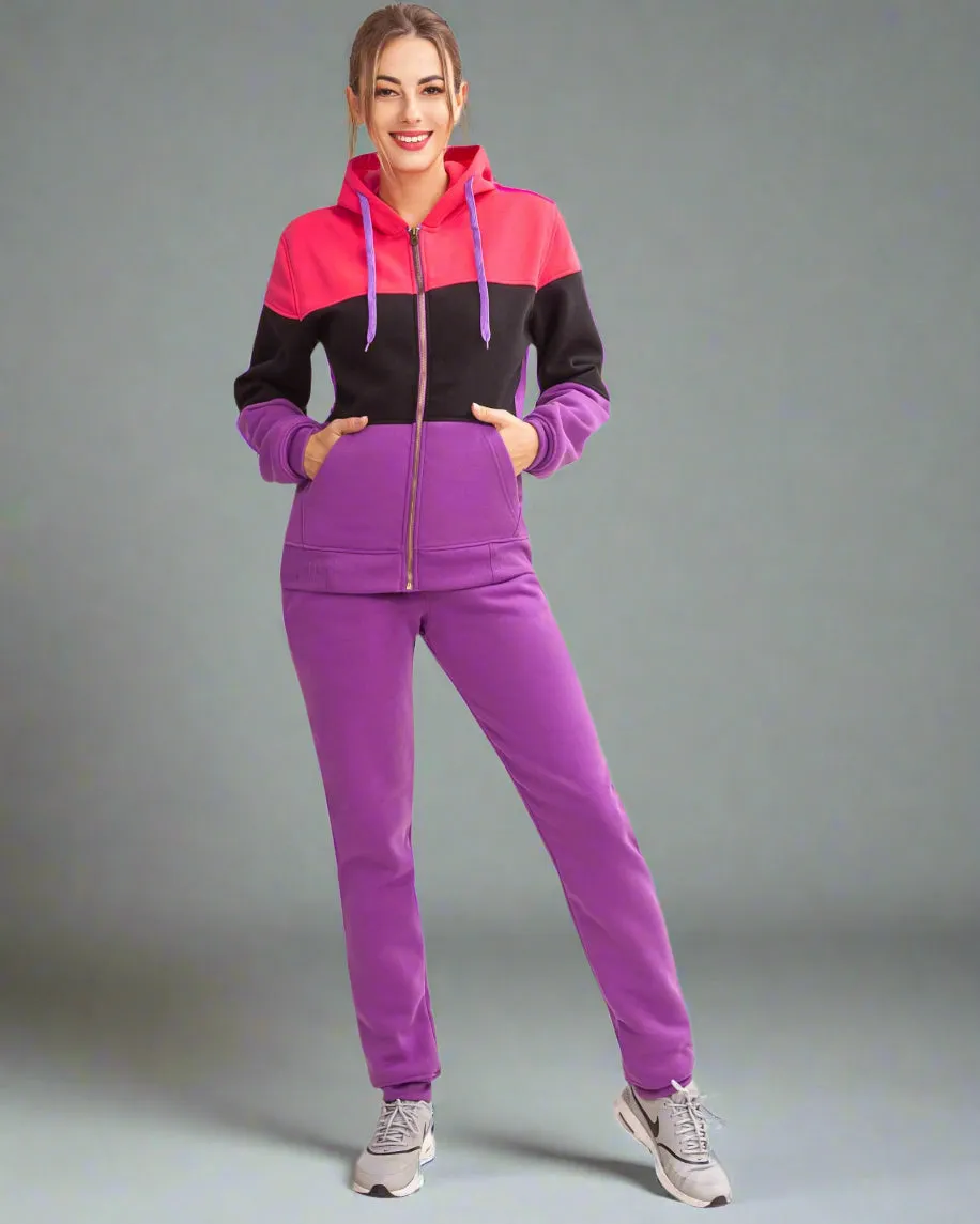 Women's ColorBlock Fleece SweatJacket and Jogger Sweatpants 2-Piece Fleece Suit