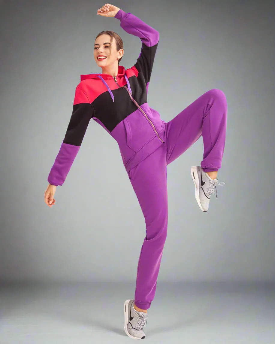 Women's ColorBlock Fleece SweatJacket and Jogger Sweatpants 2-Piece Fleece Suit
