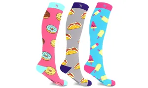 Women's Fun Patterned Activewear Knee High Compression Socks (3-Pairs)