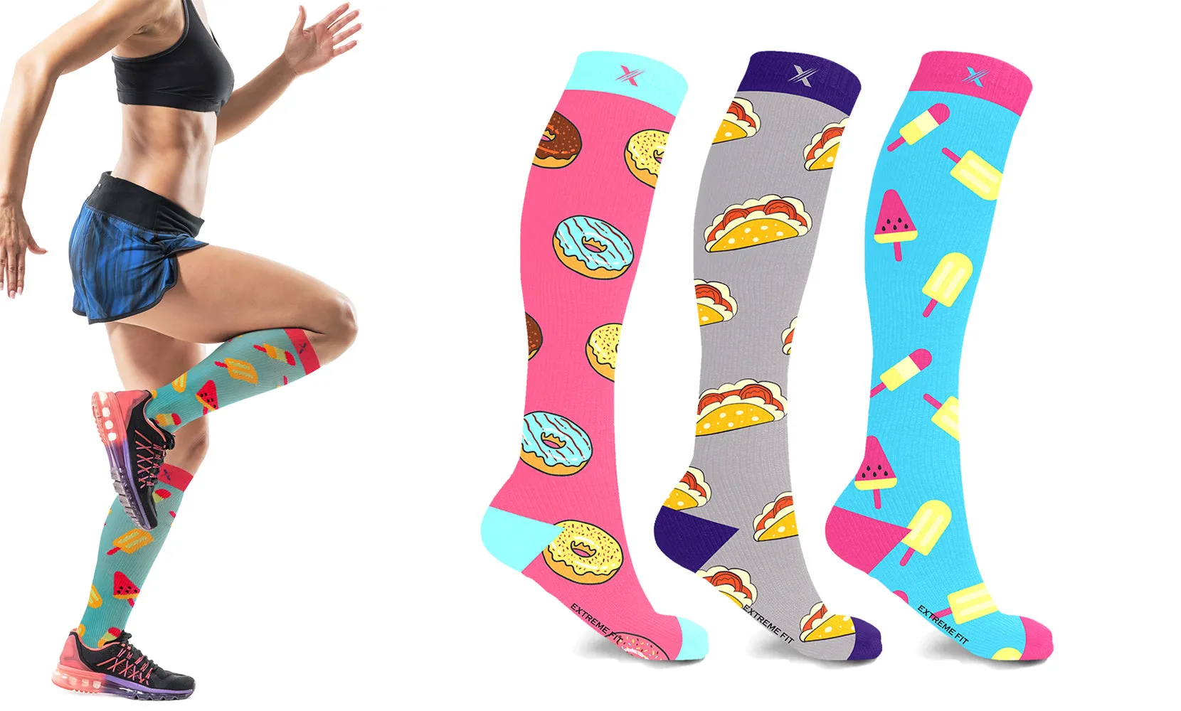 Women's Fun Patterned Activewear Knee High Compression Socks (3-Pairs)