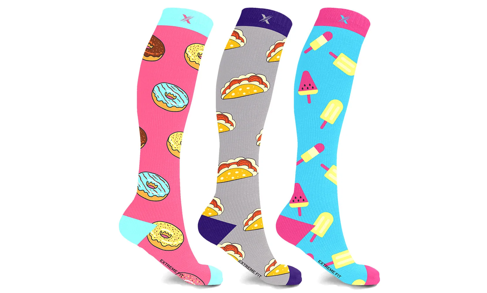 Women's Fun Patterned Activewear Knee High Compression Socks (3-Pairs)
