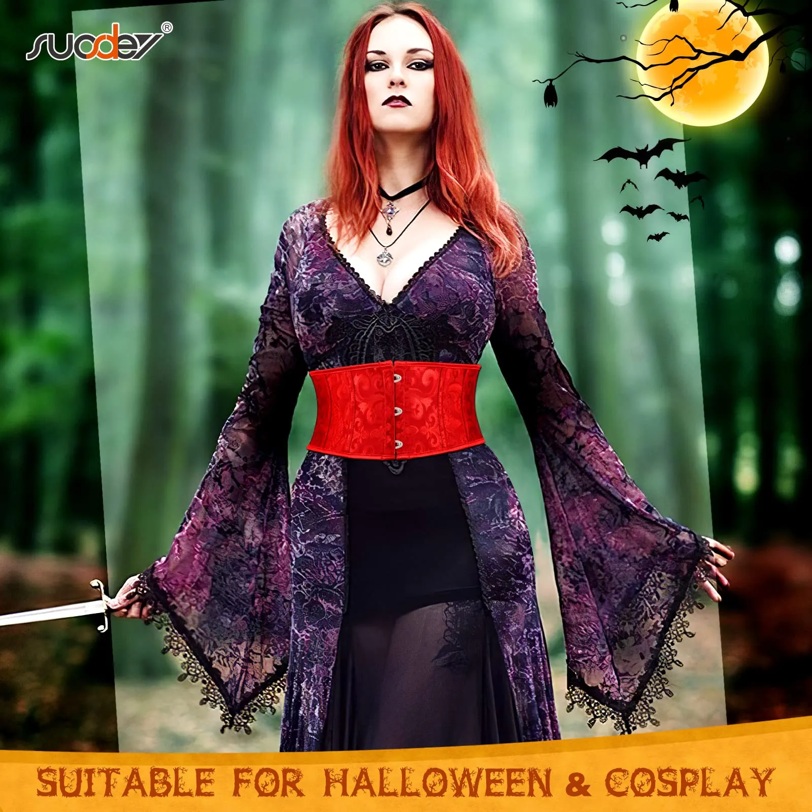 Women's Jacquard Brocade Corset Waist Belt, Underbust Steel Boned Lace Up Satin Bustier Waspie Belt by SUOSDEY