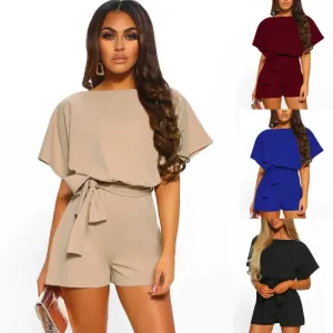 women's Plus Size  Shorts Fashionable Solid Color Belt Short Sleeves Jumpsuit Sets Summer Hot Selling Explosion Model