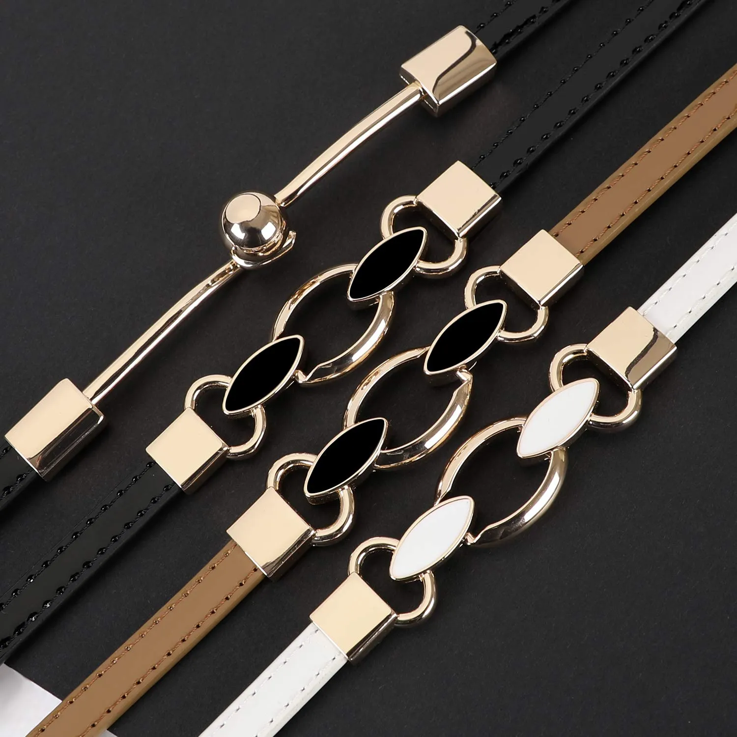 Women's Skinny PU Leather Belt Solid Color Fashion Thin Waist Belt with Gold Buckle for Jeans Pants 1/2 Width