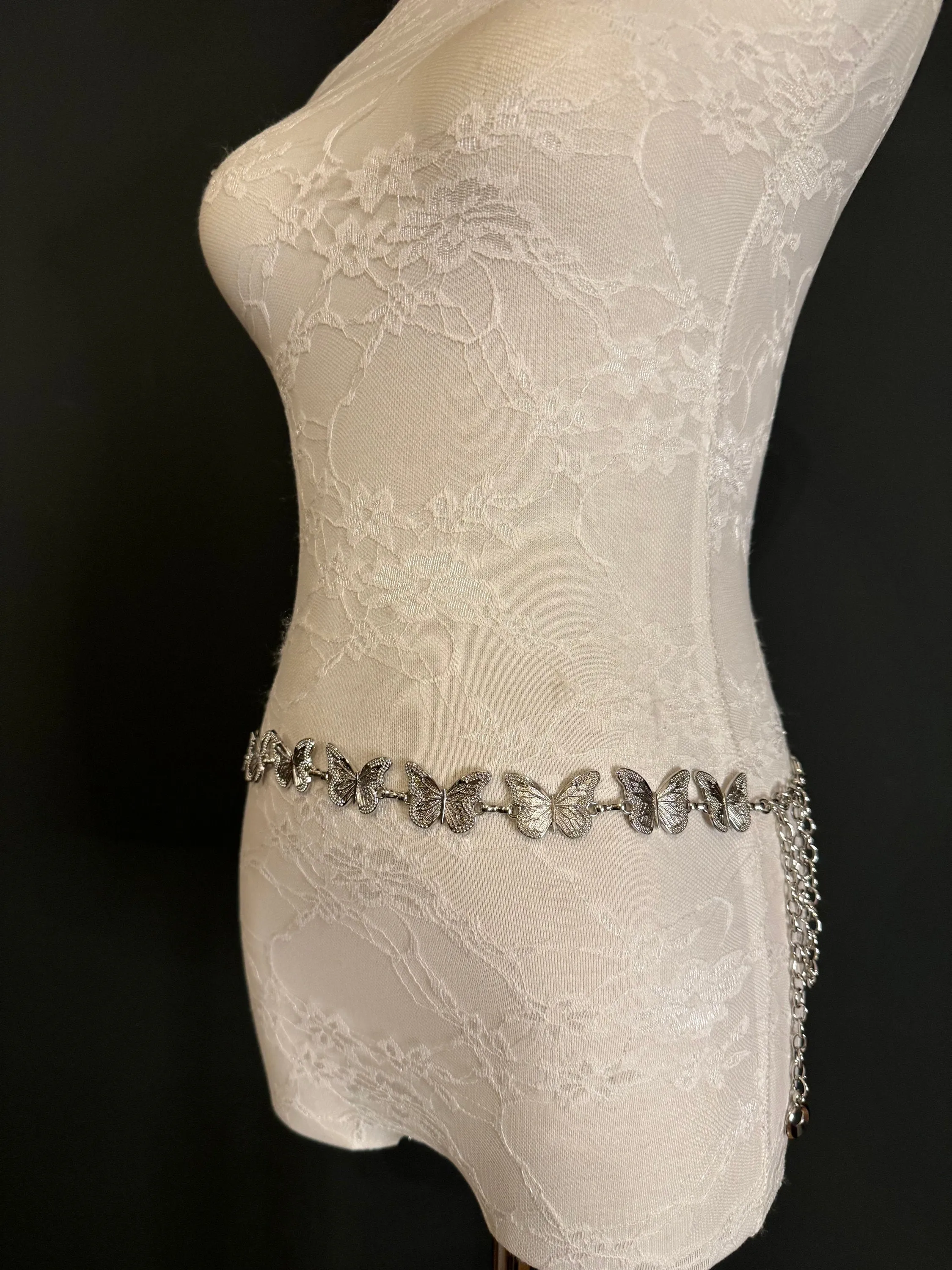 X-long Ring Butterfly Belt, Metal Belt, Teen Sizes, UK Size 2-40, Fan Design, Fan Collection, Silver Metal belt, Fashion Accessory