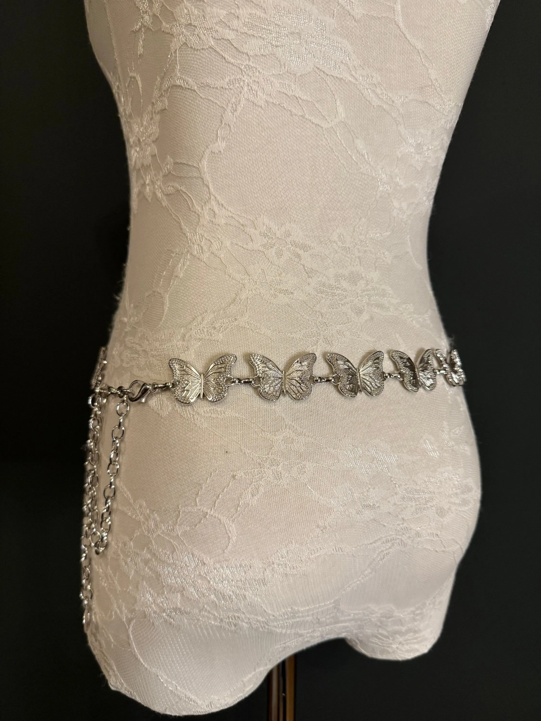 X-long Ring Butterfly Belt, Metal Belt, Teen Sizes, UK Size 2-40, Fan Design, Fan Collection, Silver Metal belt, Fashion Accessory