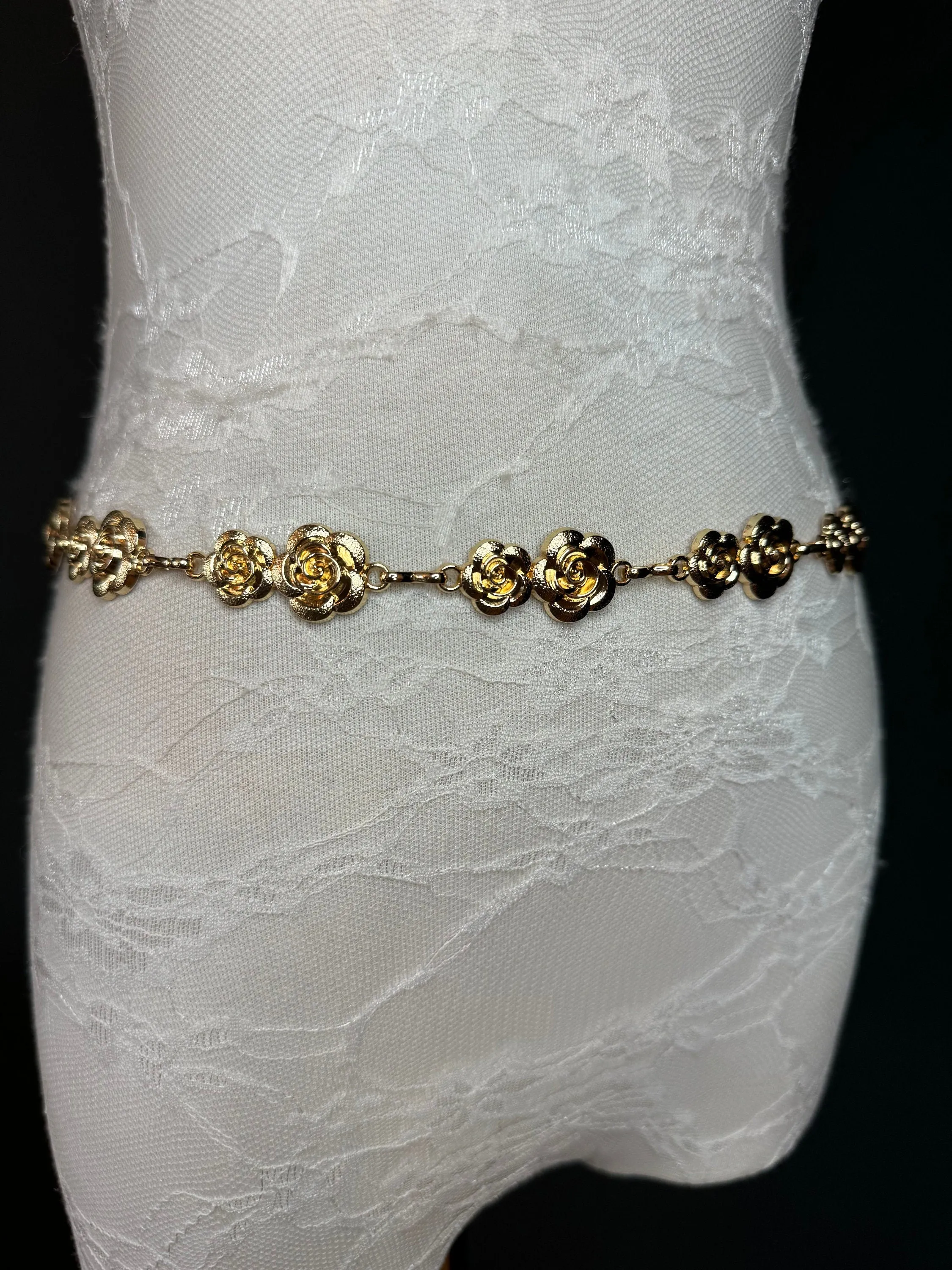 X-long Rose Belt, Floral Gold Metal Belt, Teen Sizes, Size 18”-60”, Fan Design, Fan Collection, Gold, Metal, Fashion Accessory