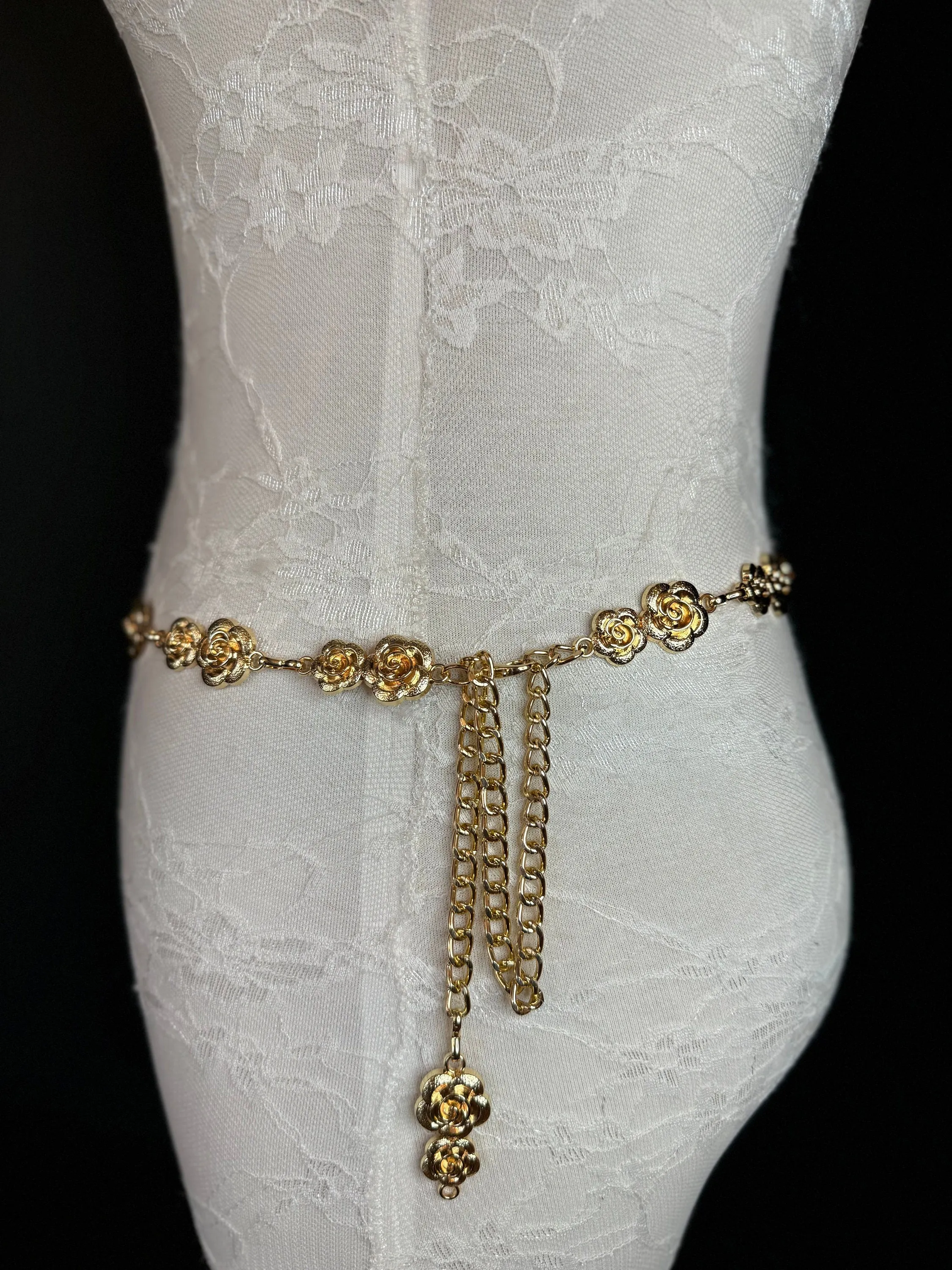 X-long Rose Belt, Floral Gold Metal Belt, Teen Sizes, Size 18”-60”, Fan Design, Fan Collection, Gold, Metal, Fashion Accessory