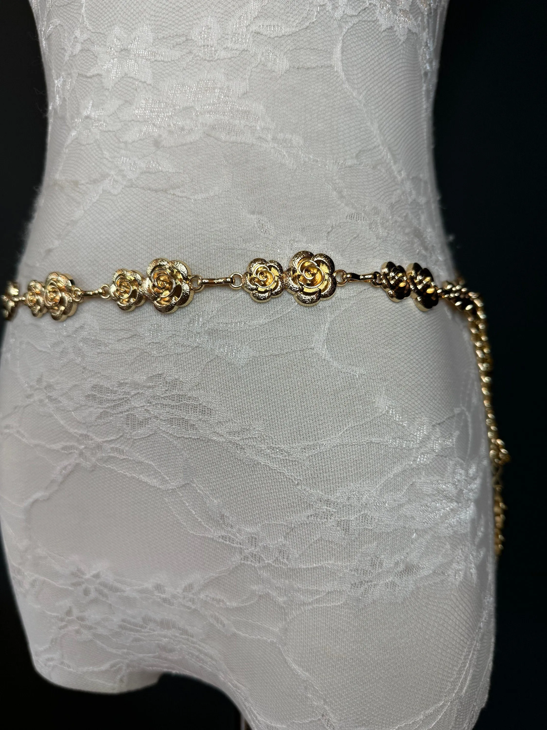 X-long Rose Belt, Floral Gold Metal Belt, Teen Sizes, Size 18”-60”, Fan Design, Fan Collection, Gold, Metal, Fashion Accessory