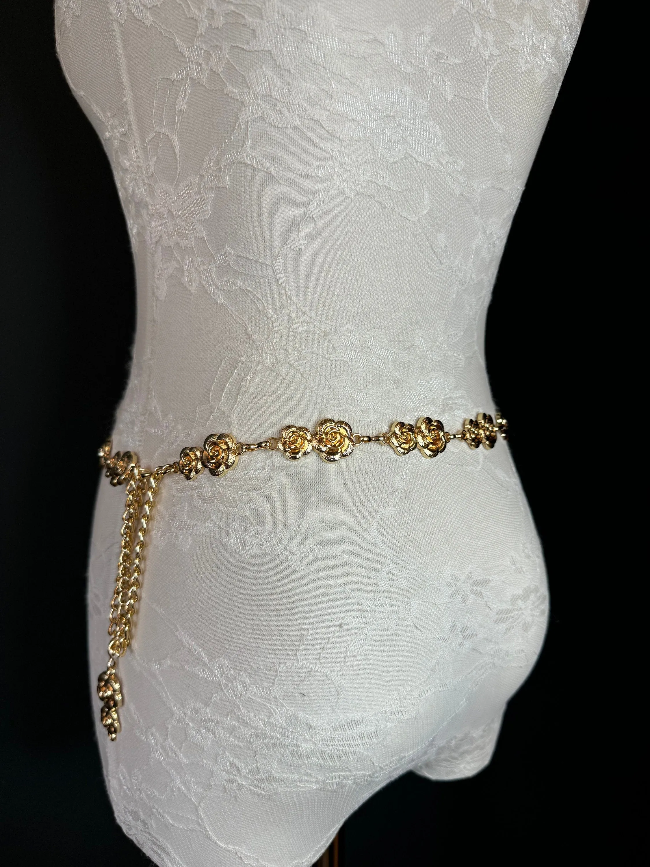 X-long Rose Belt, Floral Gold Metal Belt, Teen Sizes, Size 18”-60”, Fan Design, Fan Collection, Gold, Metal, Fashion Accessory