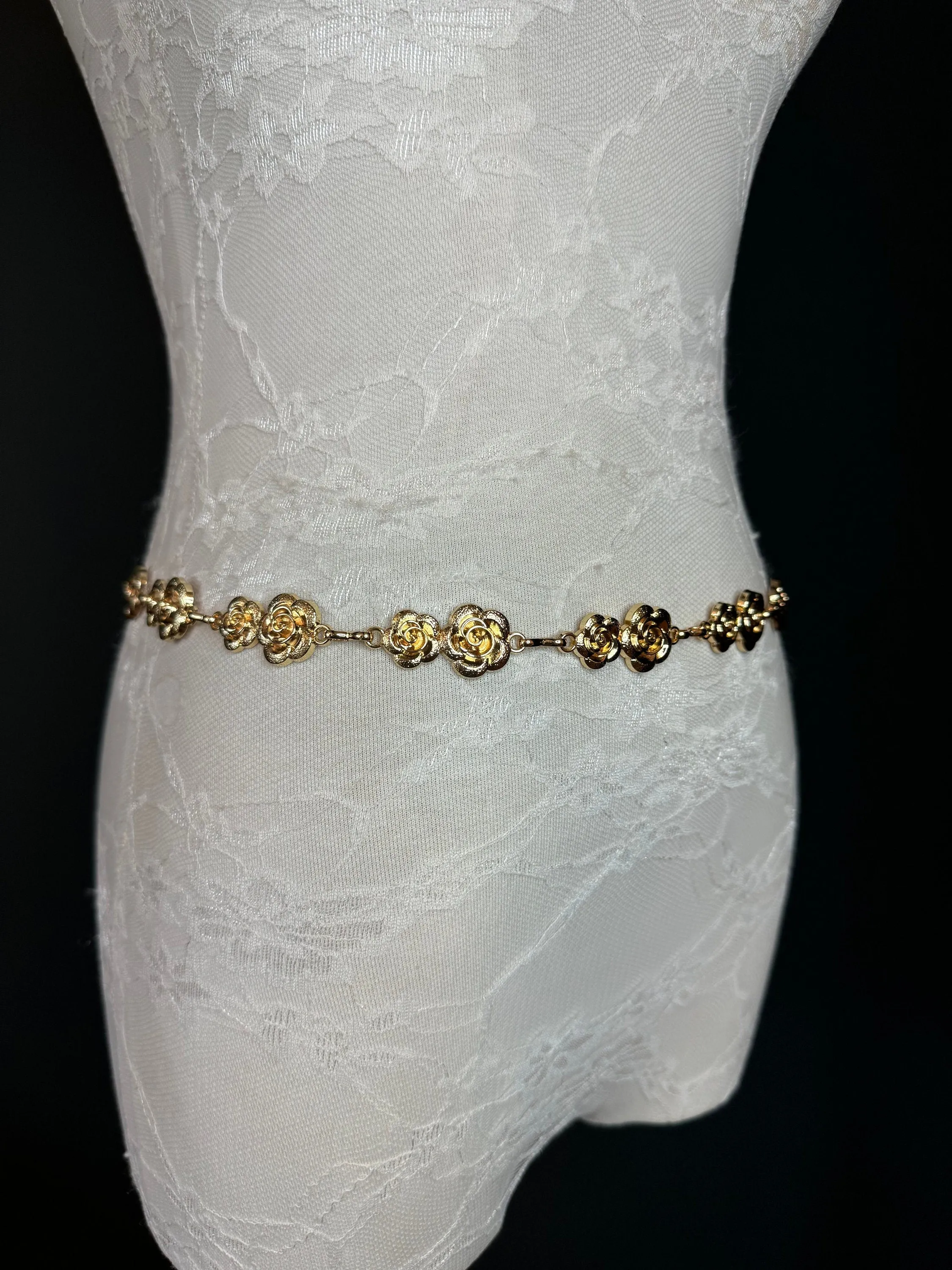X-long Rose Belt, Floral Gold Metal Belt, Teen Sizes, Size 18”-60”, Fan Design, Fan Collection, Gold, Metal, Fashion Accessory