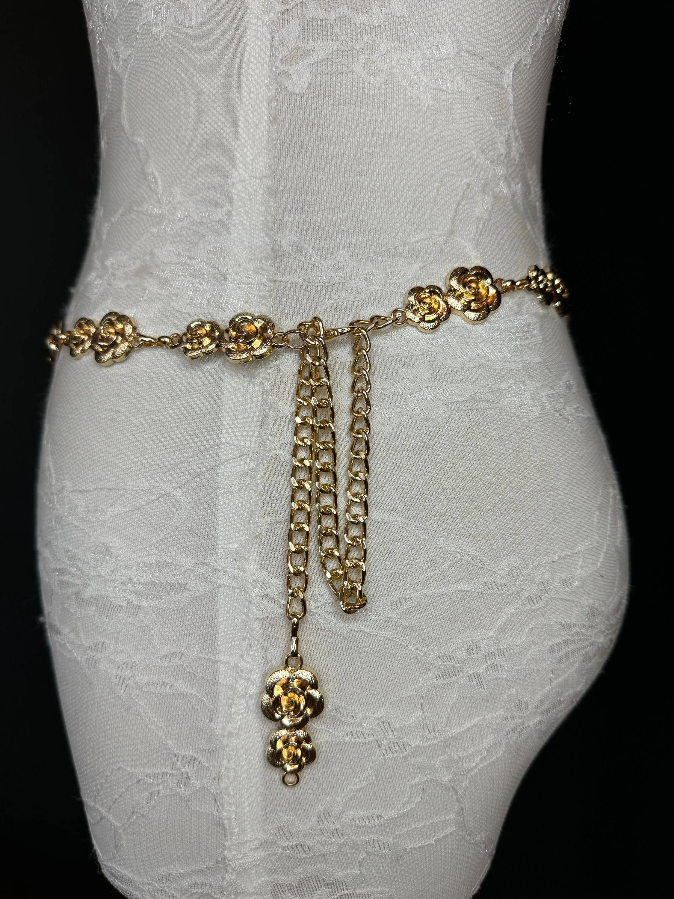 X-long Rose Belt, Floral Gold Metal Belt, Teen Sizes, Size 18”-60”, Fan Design, Fan Collection, Gold, Metal, Fashion Accessory