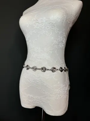 X-long Rose Design Belt, Metal Vintage Style Belt, Teen Sizes, UK Size 18”-60”, Fan Design, Fan Collection, Silver Metal Belt, Resortwear