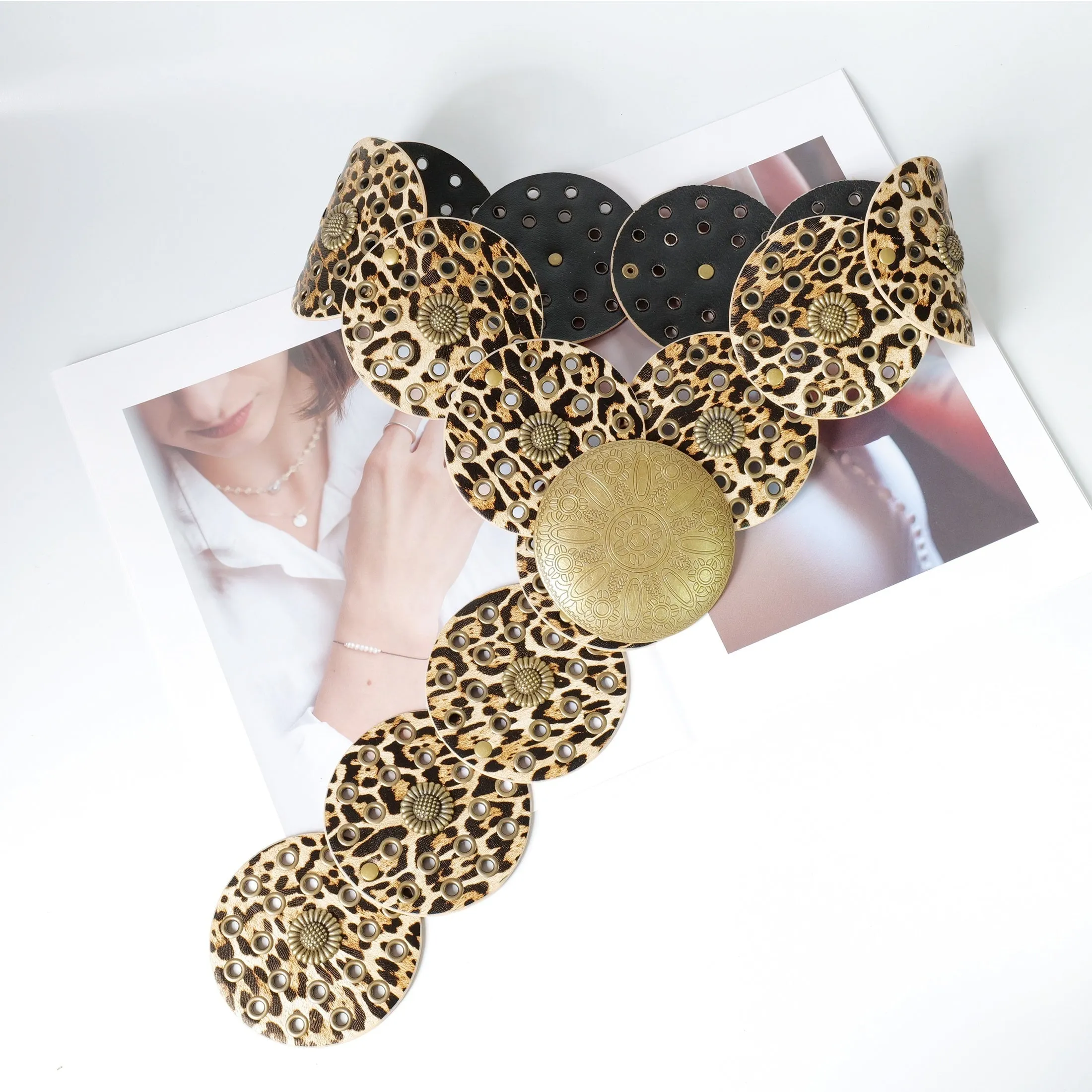 Y2K Punk Style PU Leather Waist Belt Leopard Rivet Print Sunflower Pat